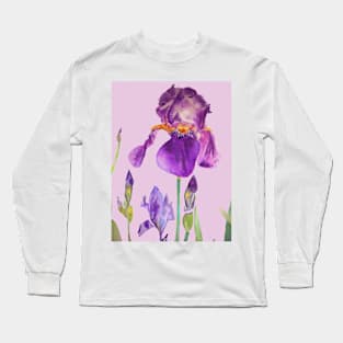 Iris Watercolor Painting - Elegant Purple on Lilac Pink Long Sleeve T-Shirt